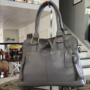 Stylish Gray Leather Satchel with Gold Accents